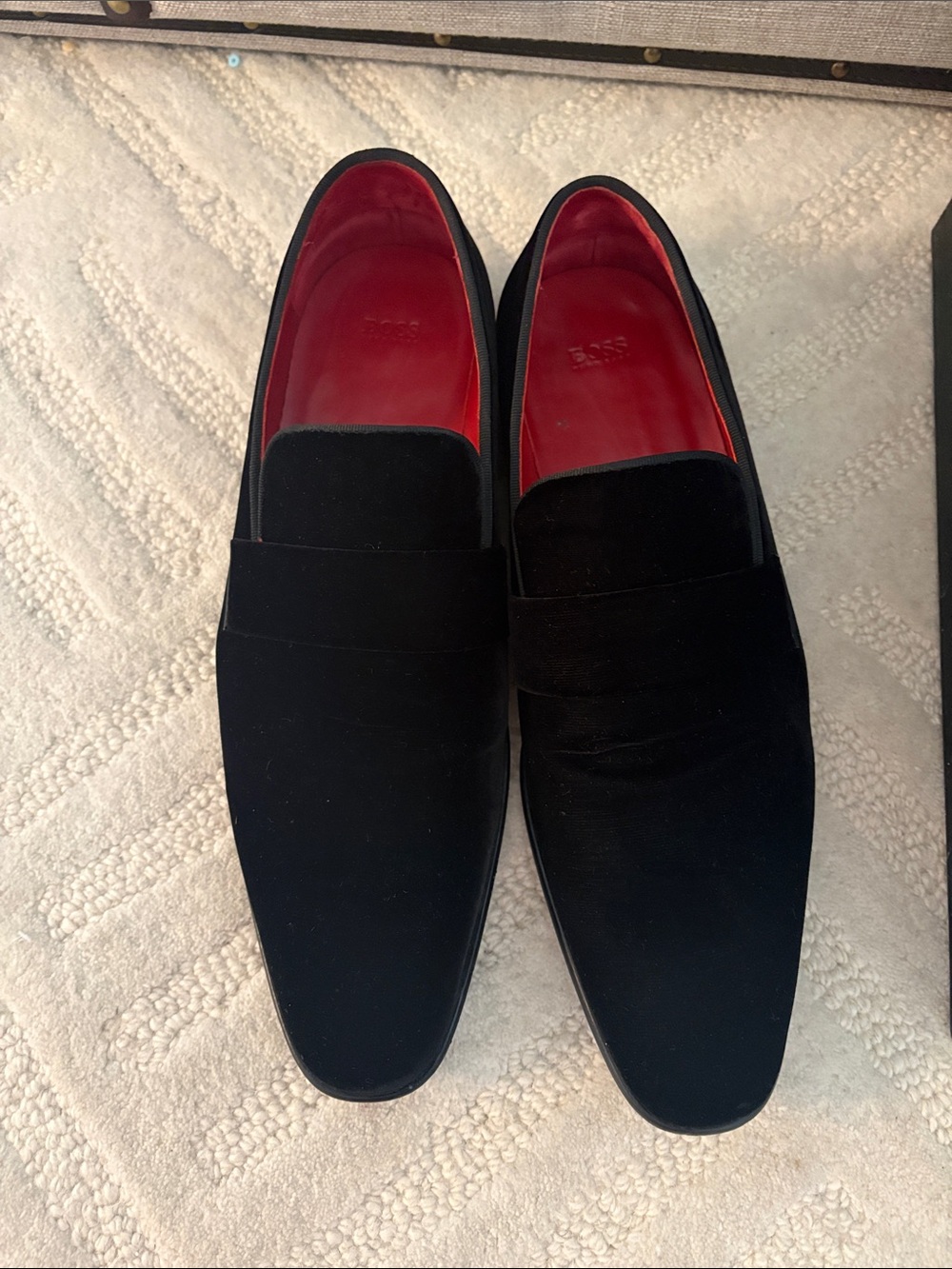 Hugo Boss Black velvet Loafers with Red Interior